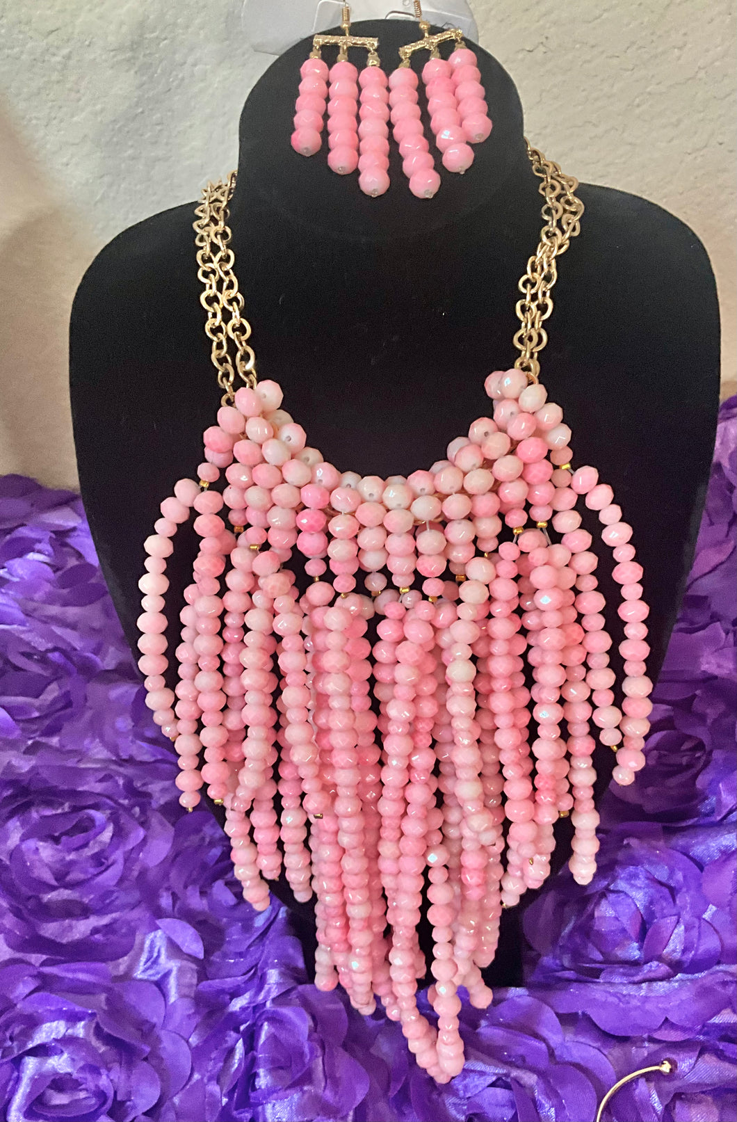 Pink Crystal Bead Necklace Set w/Earrings